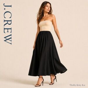 J Crew Strapless Midi Dress Fit Flare Cotton Stretch Black Cream Colorblock XS